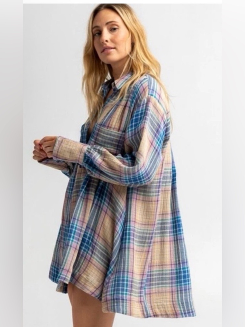 Free People The Voyage Oversized Shirtdress Tunic Plaid size XS fits up to XL